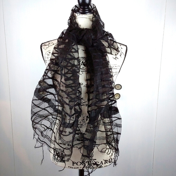 Womens Scarf EXTRA Long & Wide Black SHEER W/ Vertical Stripes FRINGE on Ends - Picture 1 of 6